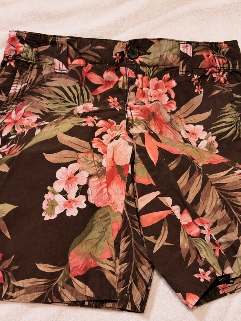 Tropical Floral Board Shorts Brown Pink Hawaiian Print
